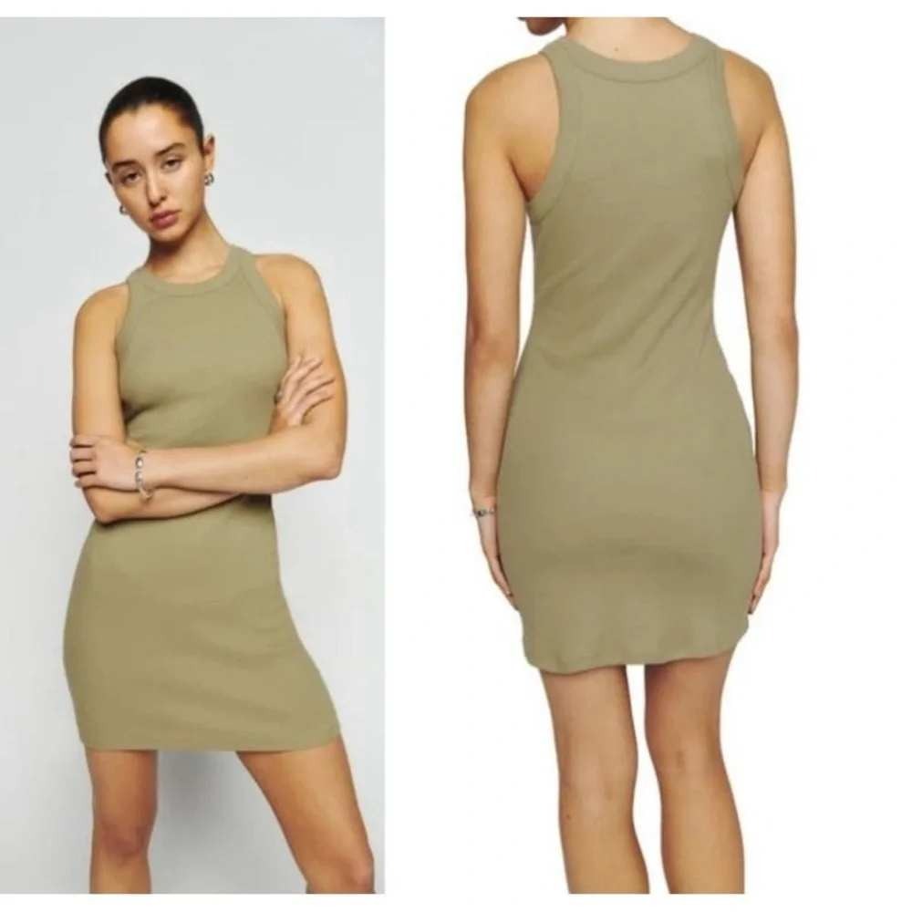 Reformation Loretta Ribbed Knit Mini Dress M Olive Oil Organic Cotton Bodycon‎